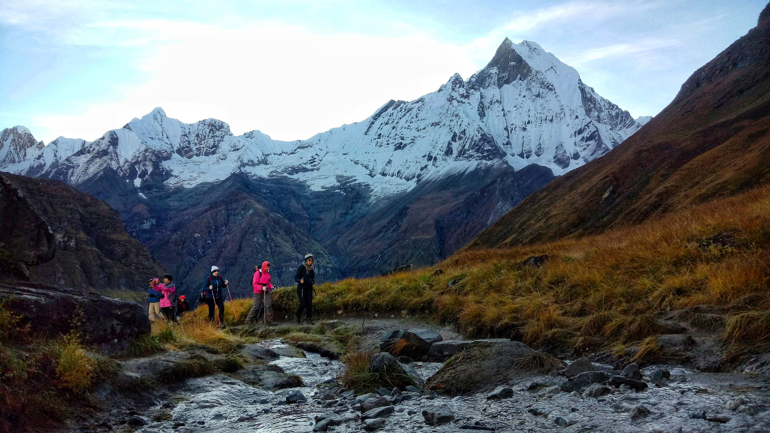A group of trekkers walk through the famous Annapurna Circuit Trek with Machhapuchhre shining in the background.